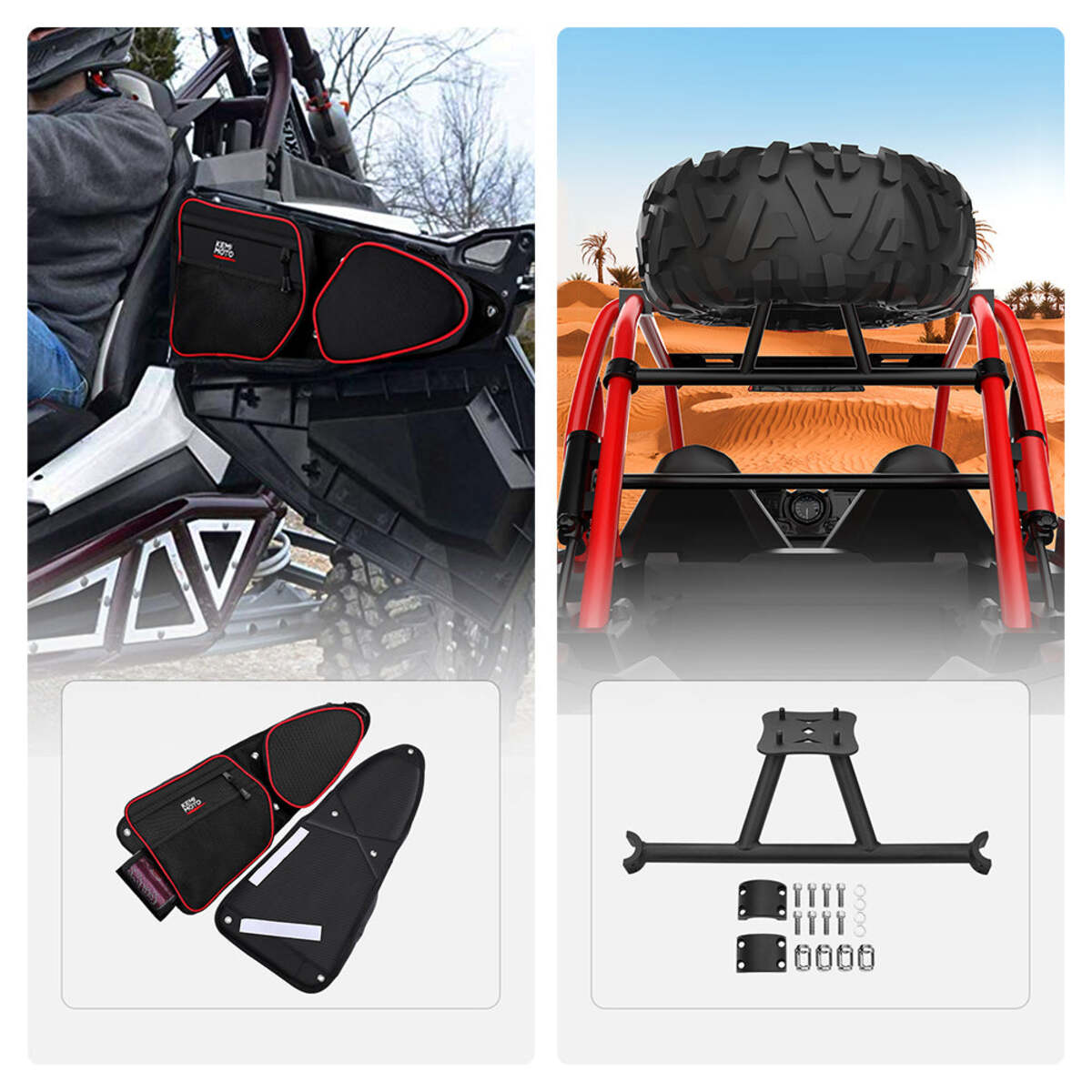Kemimoto Polaris RZR XP 1000 Front Side Door Bags & Spare Tire Carrier Mount