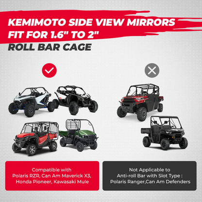 Kemimoto Polaris 1.6"-2" Roll Bar Cage UTV Side Mirrors - 1 Pair