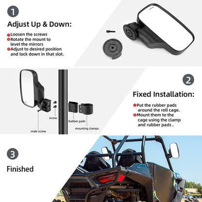 Kemimoto Side Mirrors & Rear Mirror w/1.75"-2" Roll Bar Cage