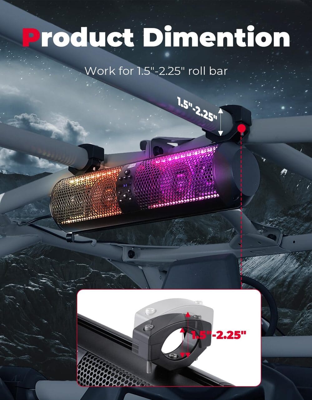 Kemimoto 18" UTV Sound Bar with RGB & Bluetooth for 1.56"-2.25" Cages