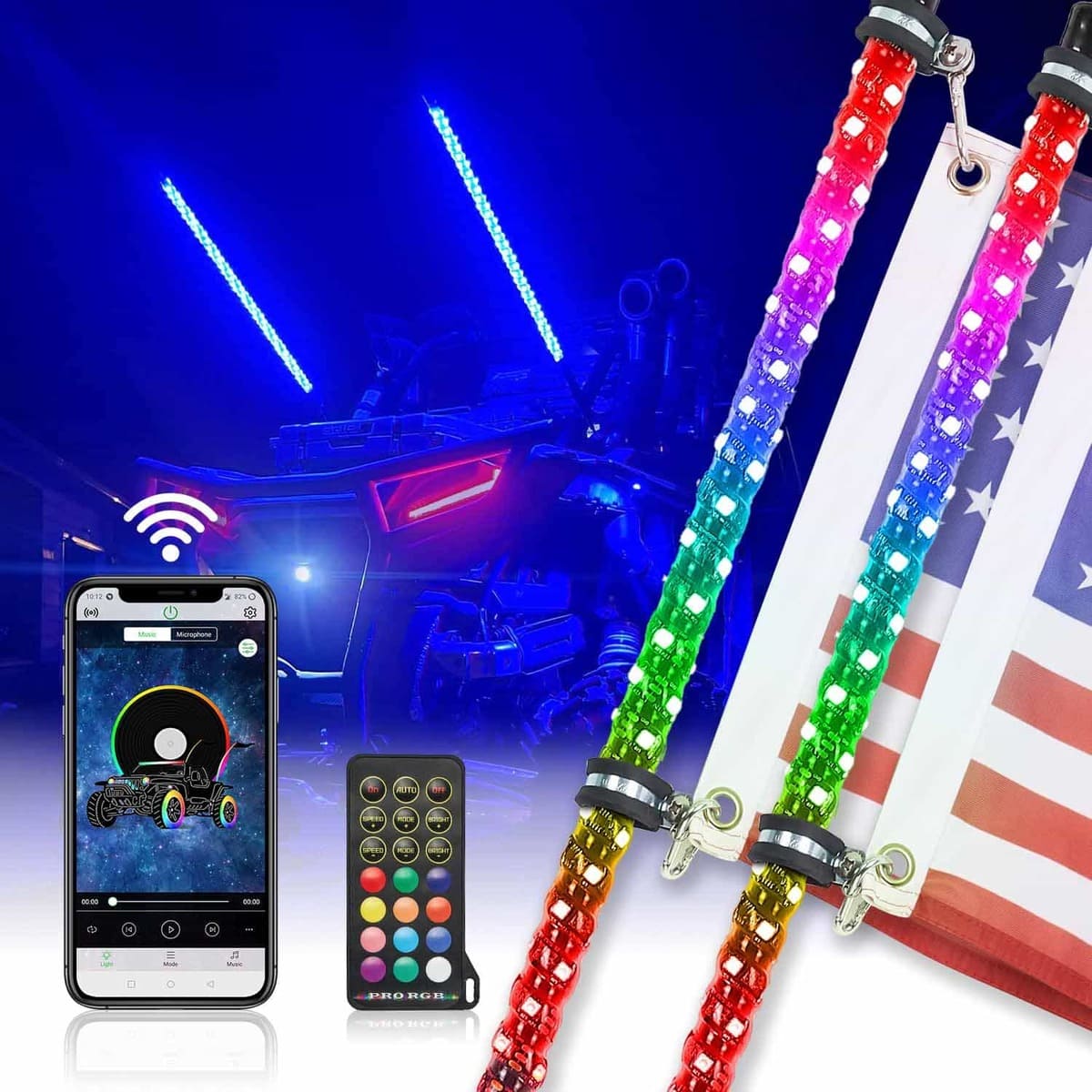 Kemimoto UTV/ATV 4-8 Pods RGB Rock Light Kit & Spiral Whip Lights