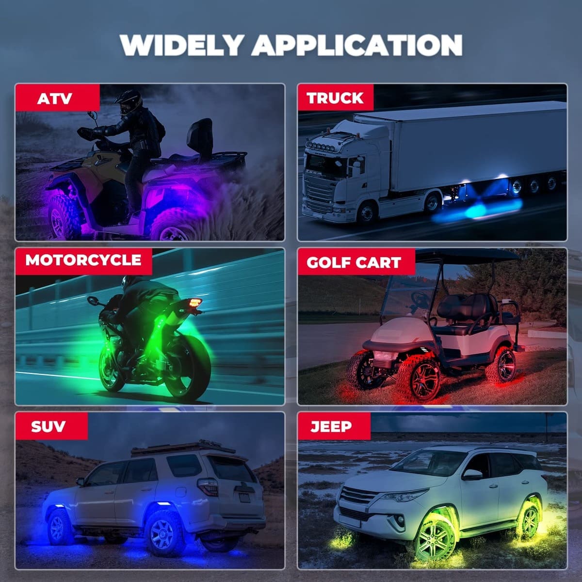 Kemimoto UTV/ATV 4-8 Pods RGB Rock Light Kit & Spiral Whip Lights