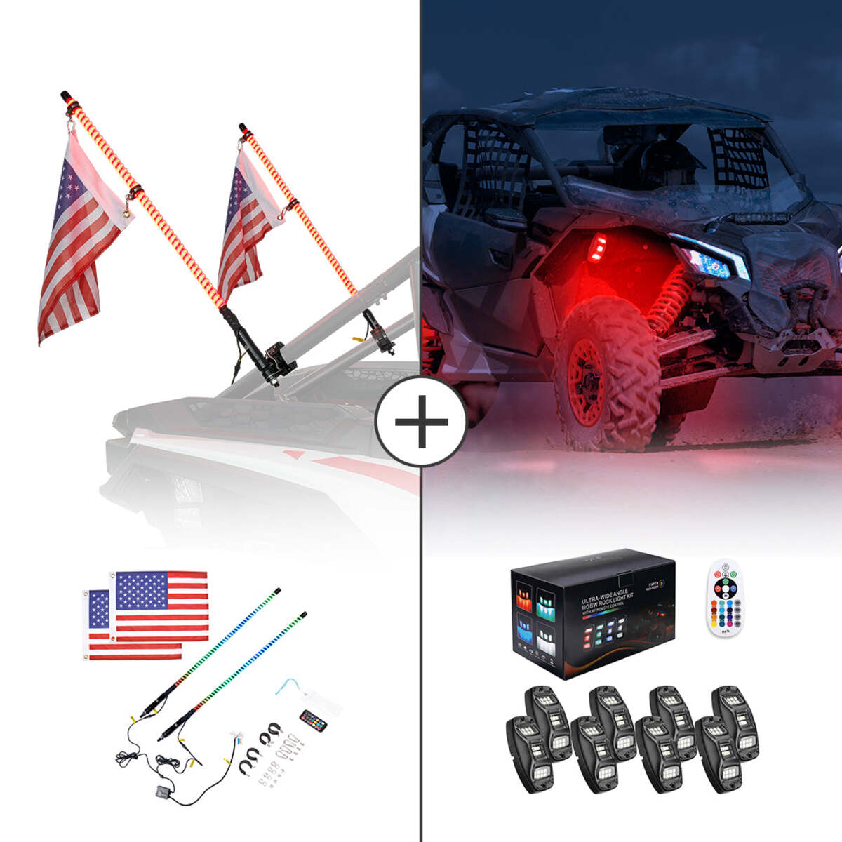 Kemimoto 3FT COB Whip Lights & RGB Rock Light Kit