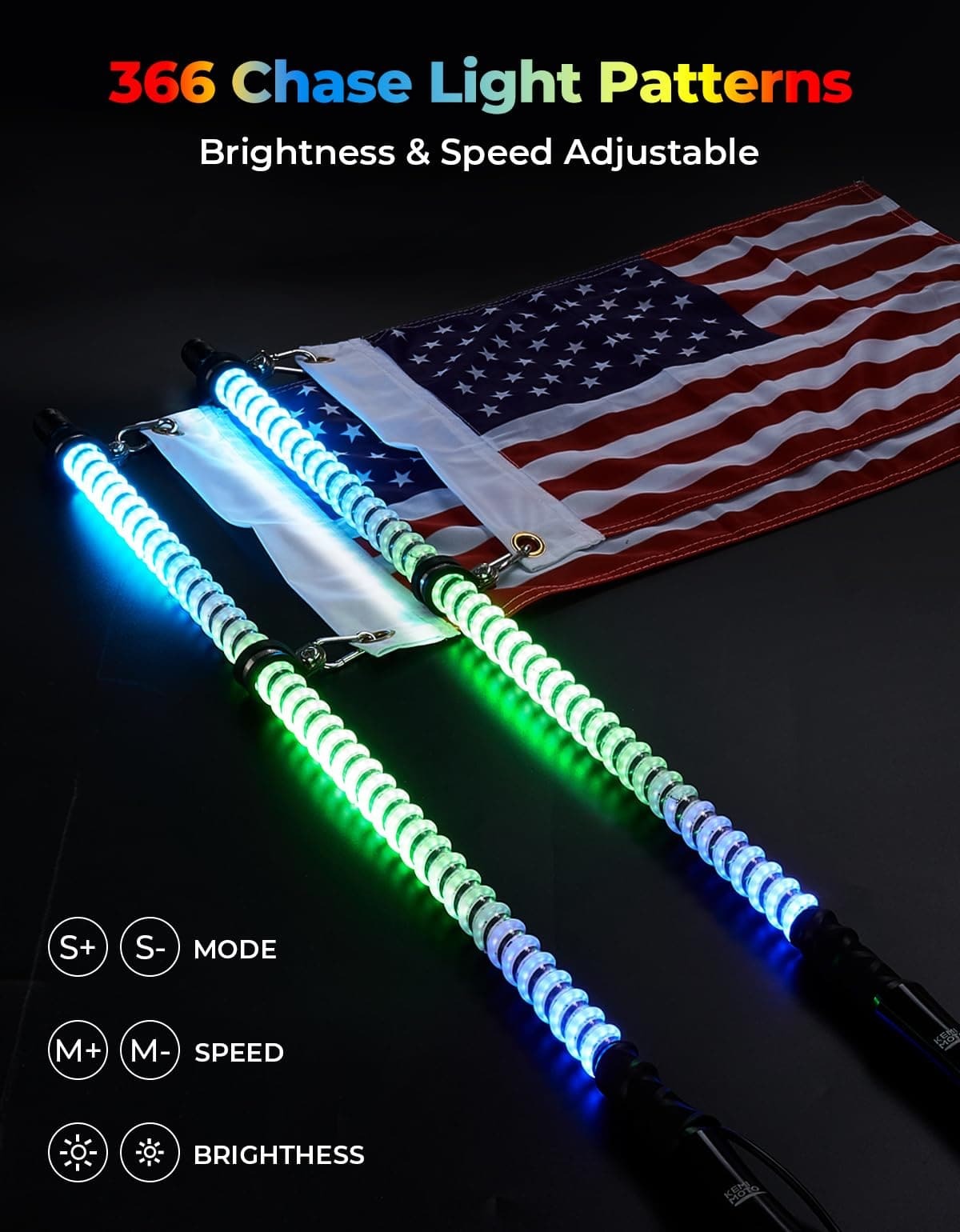 Kemimoto 3FT COB Whip Lights & RGB Rock Light Kit