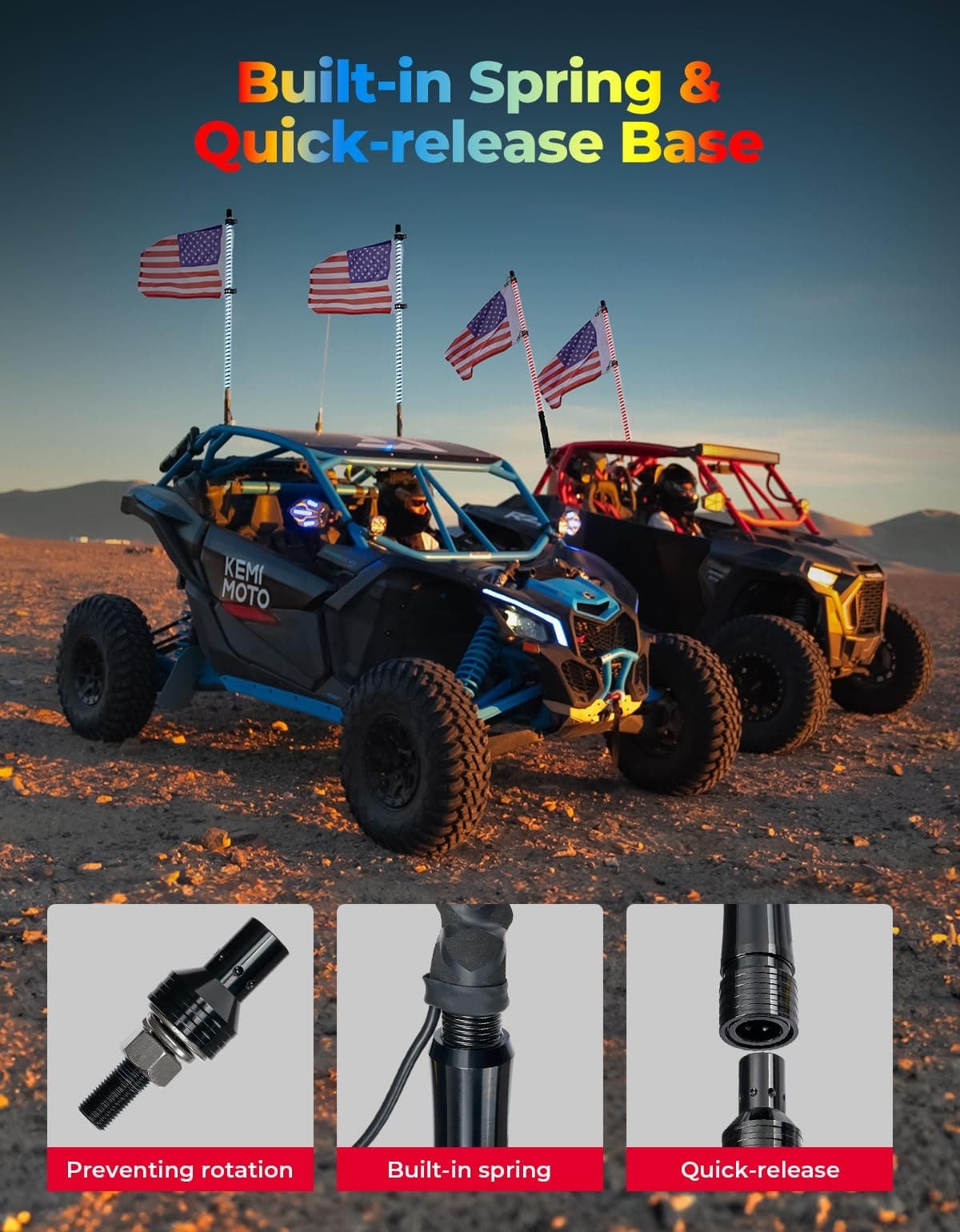 Kemimoto 3FT COB Whip Lights & RGB Rock Light Kit