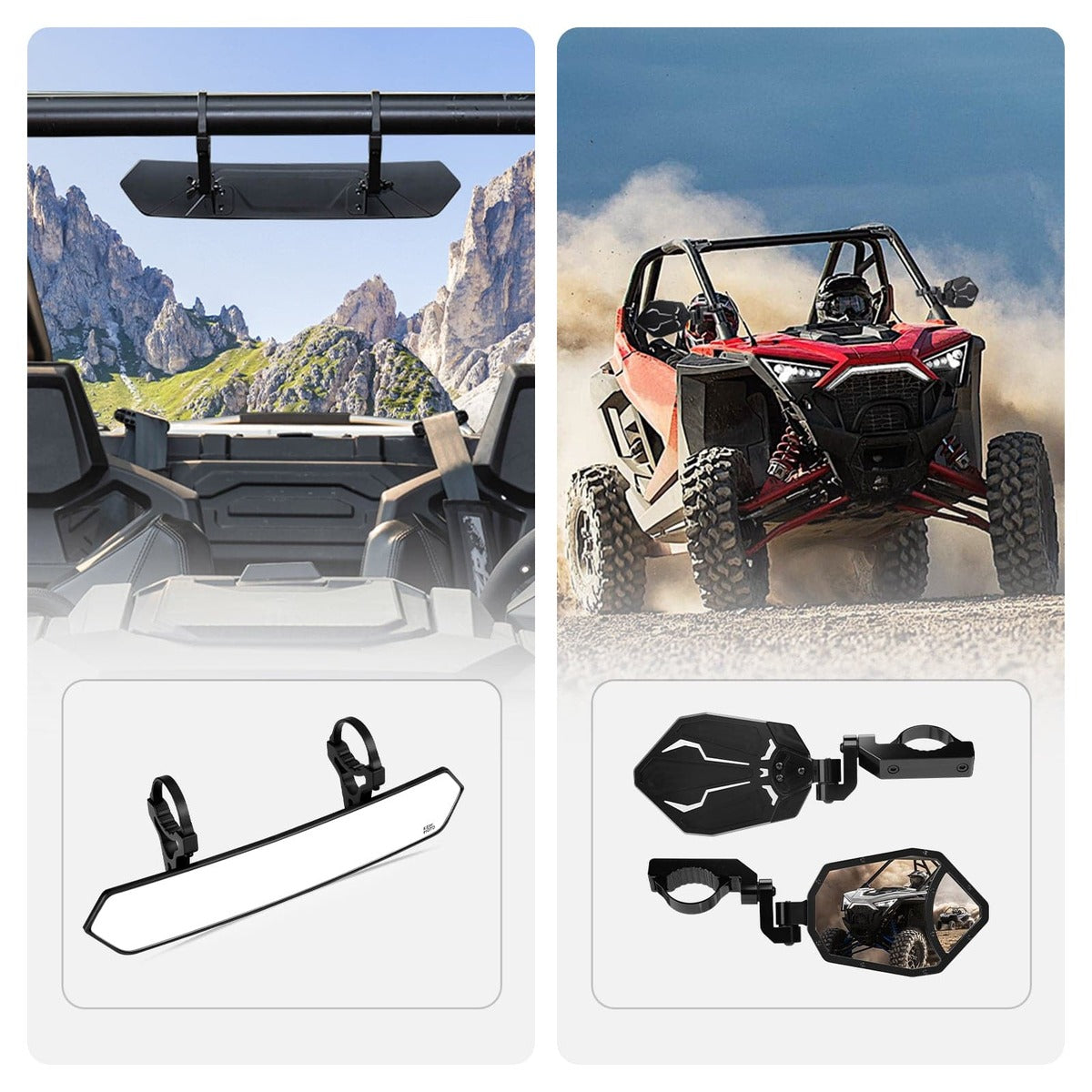 Kemimoto UTV 1.65"-2" Rear View Mirror & 1.6"-2" Round Tube Side Mirror