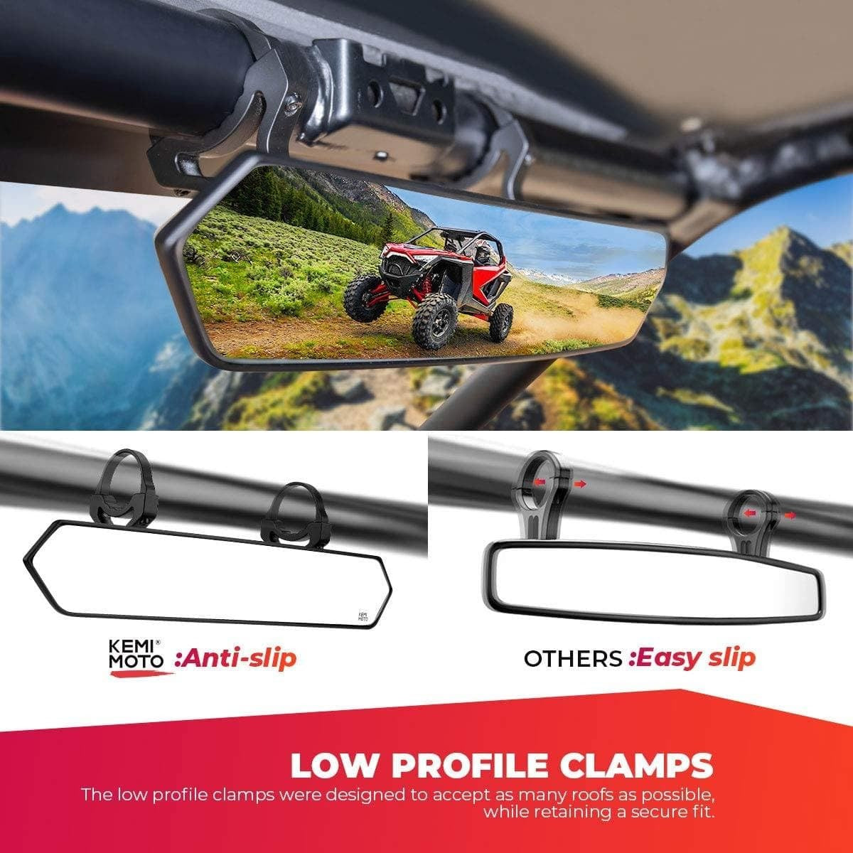 Kemimoto UTV 1.65"-2" Rear View Mirror & 1.6"-2" Round Tube Side Mirror