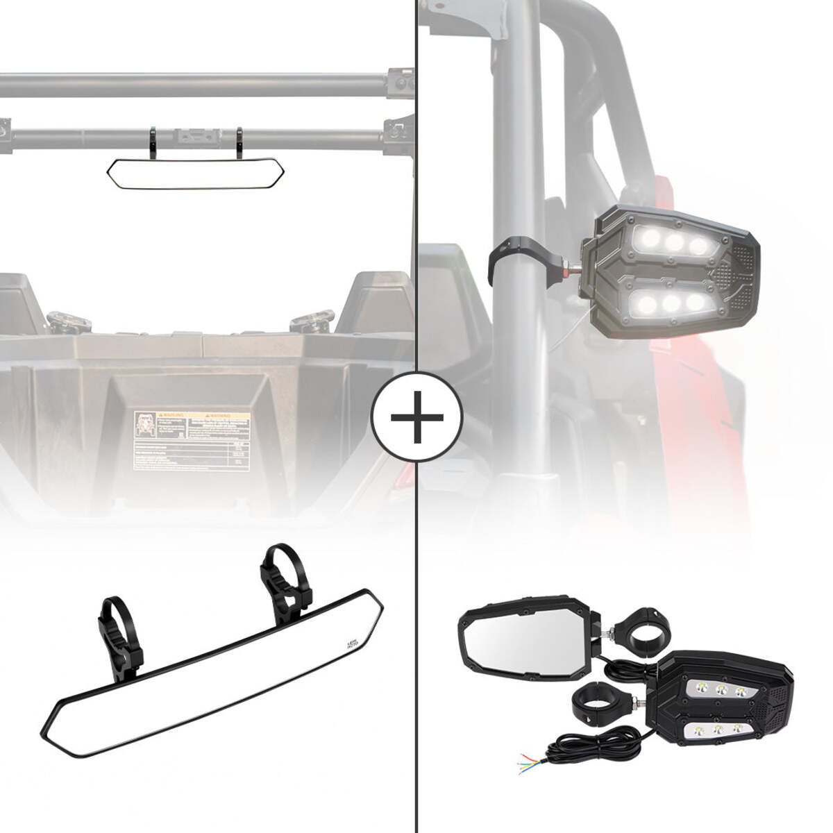Kemimoto UTV 1.65"-2" Rear View Mirror & 1.75"-2" LED Side Mirror