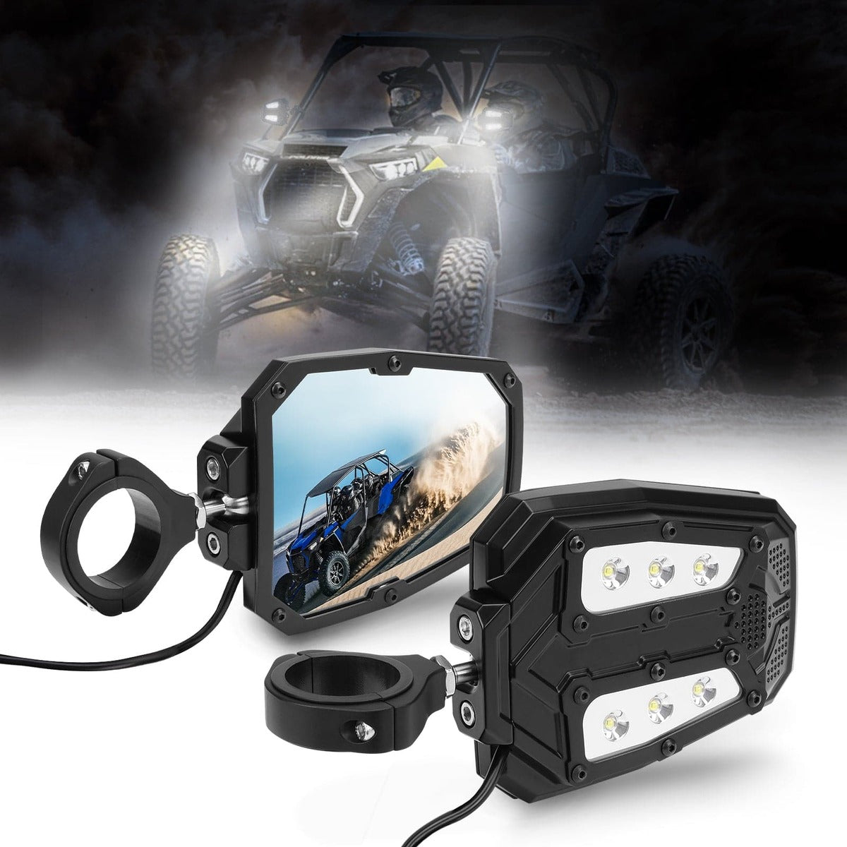 Kemimoto UTV 1.65"-2" Rear View Mirror & 1.75"-2" LED Side Mirror