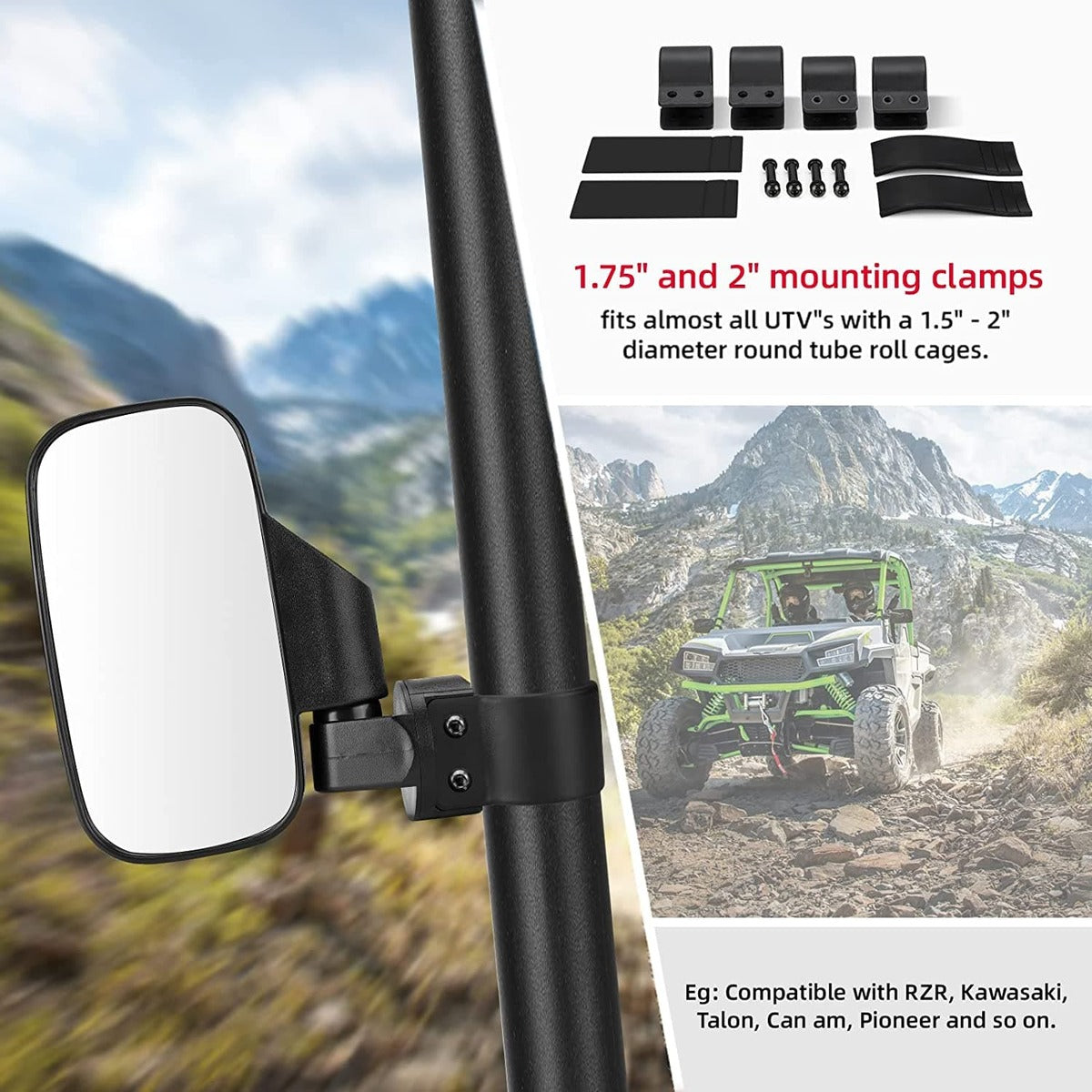 Kemimoto UTV Side Mirrors & Center Mirror with 1.6"/2" Roll Bar Cage