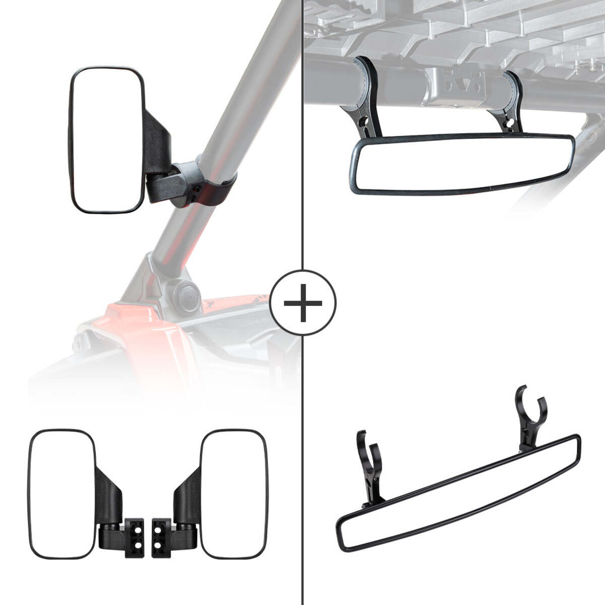Kemimoto UTV Side View Mirrors & Center Rearview Mirror with 1.75"/2" Clamps