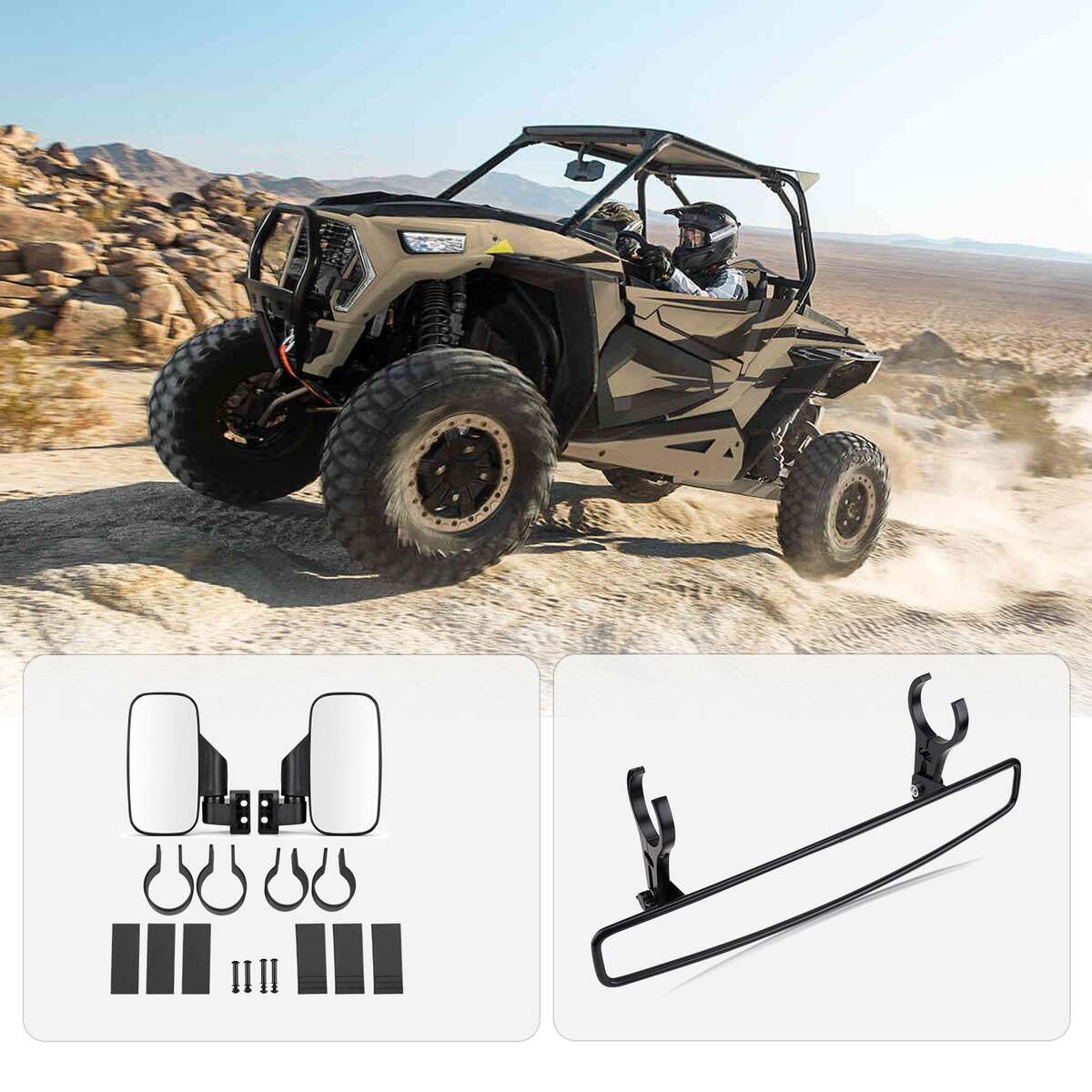 Kemimoto UTV Side View Mirrors & Center Rearview Mirror with 1.75"/2" Clamps